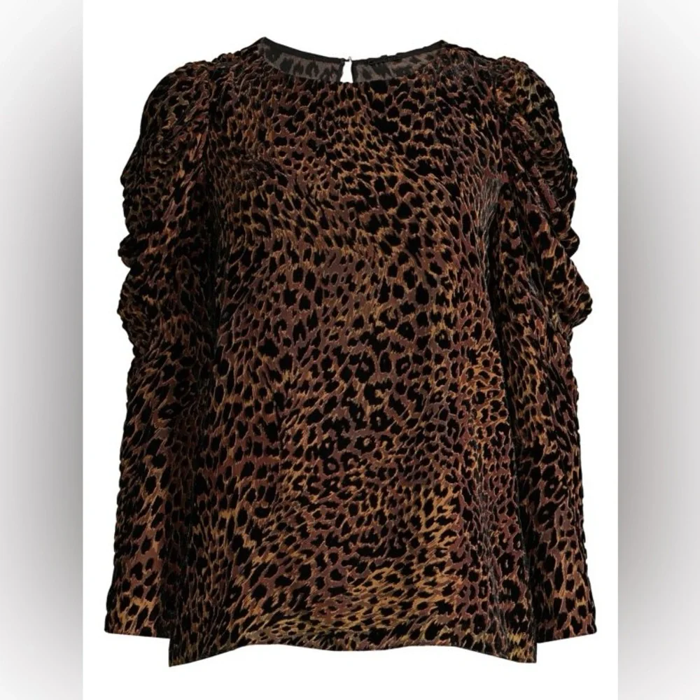 Elie Tahari Blouse Noelle Brown Leopard print Velvet puff Sleeves Size M - Picture 5 of 10